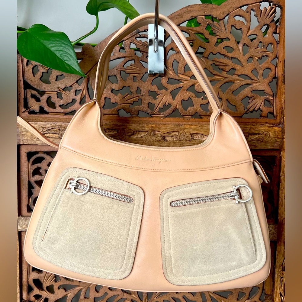 Salvatore Ferragamo Beige & Cream Leather Satchel